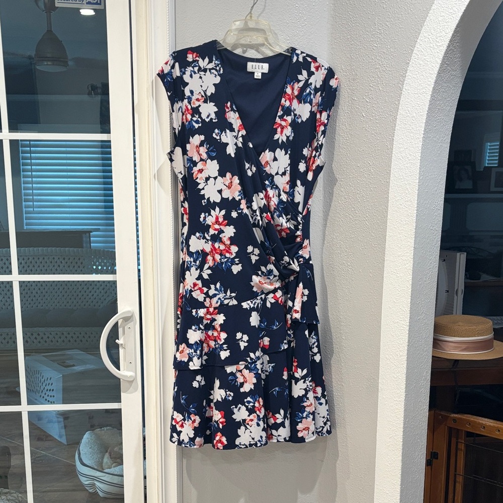 CeCe Navy Floral Faux-Wrap Midi Dress with Tie